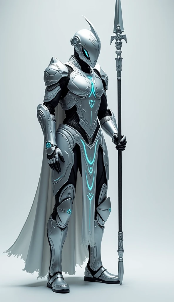 Generate a 4K, ultra-realistic image of a formidable warrior from Nova Aeterna. This warrior is fully visible, standing tall from head to toe, dressed in a sleek, futuristic silver armor with intricate, glowing blue patterns. The armor is adorned with symbols of the queen's elite guard, featuring a high-tech helmet with a sharp, menacing visor. The warrior holds a long, ornate spear, ready for battle. The background is a light gray, allowing every detail of the armor and weaponry to stand out, emphasizing the epic and imposing nature of this elite soldier.