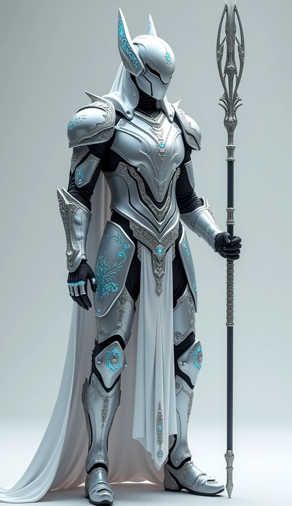 Generate a 4K, ultra-realistic image of a formidable warrior from Nova Aeterna. This warrior is fully visible, standing tall from head to toe, dressed in a sleek, futuristic silver armor with intricate, glowing blue patterns. The armor is adorned with symbols of the queen's elite guard, featuring a high-tech helmet with a sharp, menacing visor. The warrior holds a long, ornate spear, ready for battle. The background is a light gray, allowing every detail of the armor and weaponry to stand out, emphasizing the epic and imposing nature of this elite soldier.