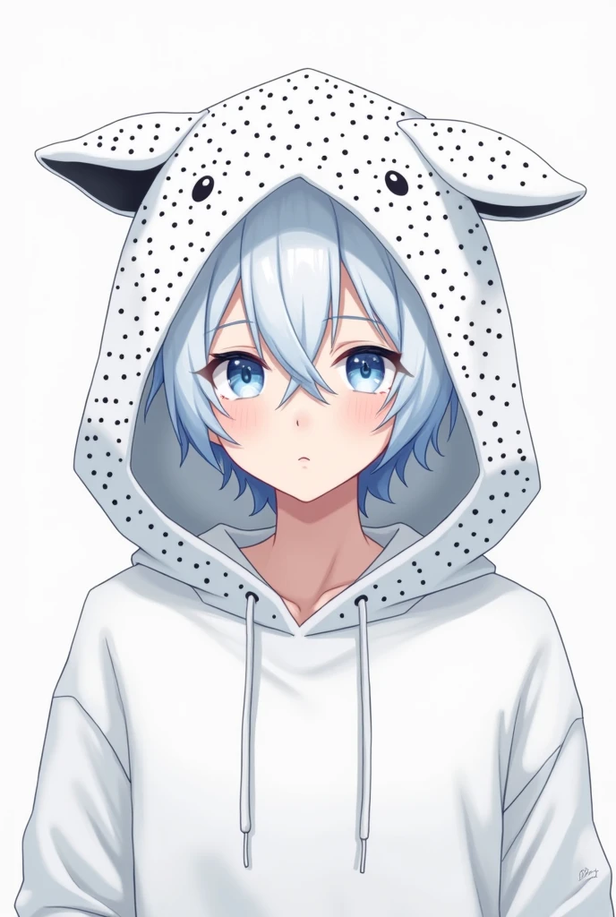 Anime character Cartoon hooded white sweatshirt with little ears hood full of black white dots blue eyes white hair man with blue highlights