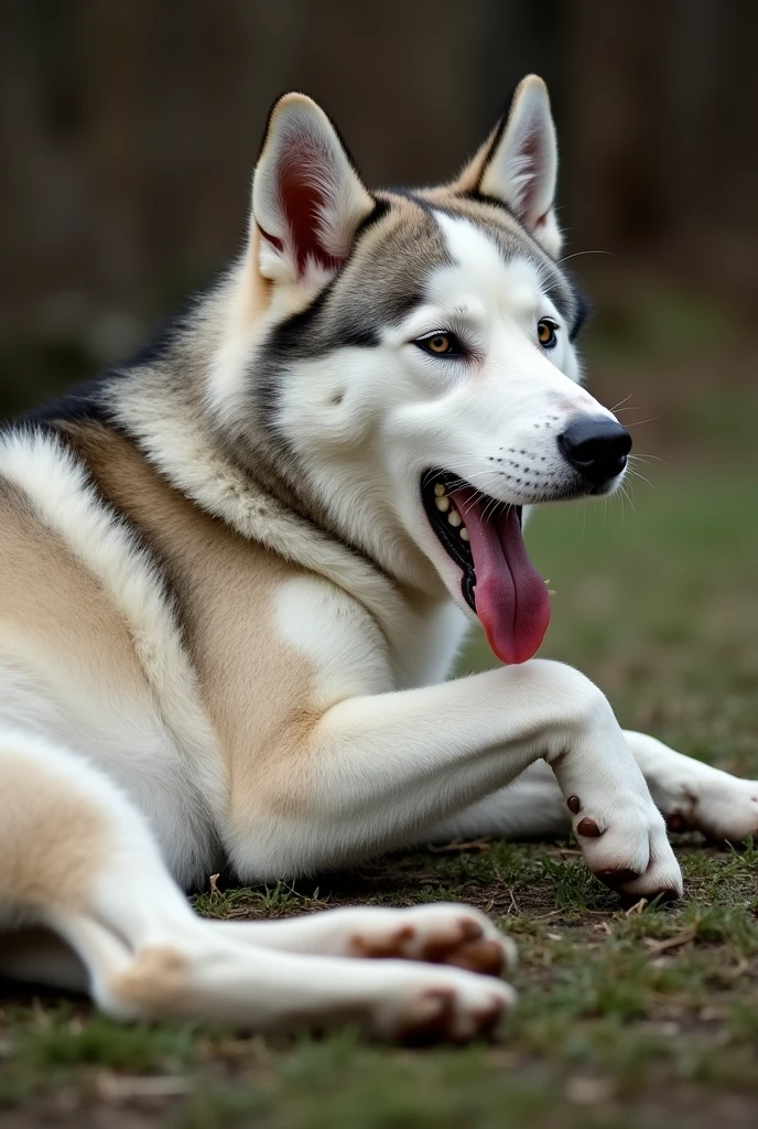 male feral dog, husky, geay and white fur, laying sprawled out on the ground, with a throbbing erection