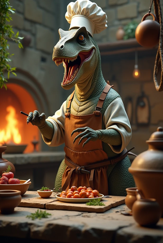 A dinosaur cooking
