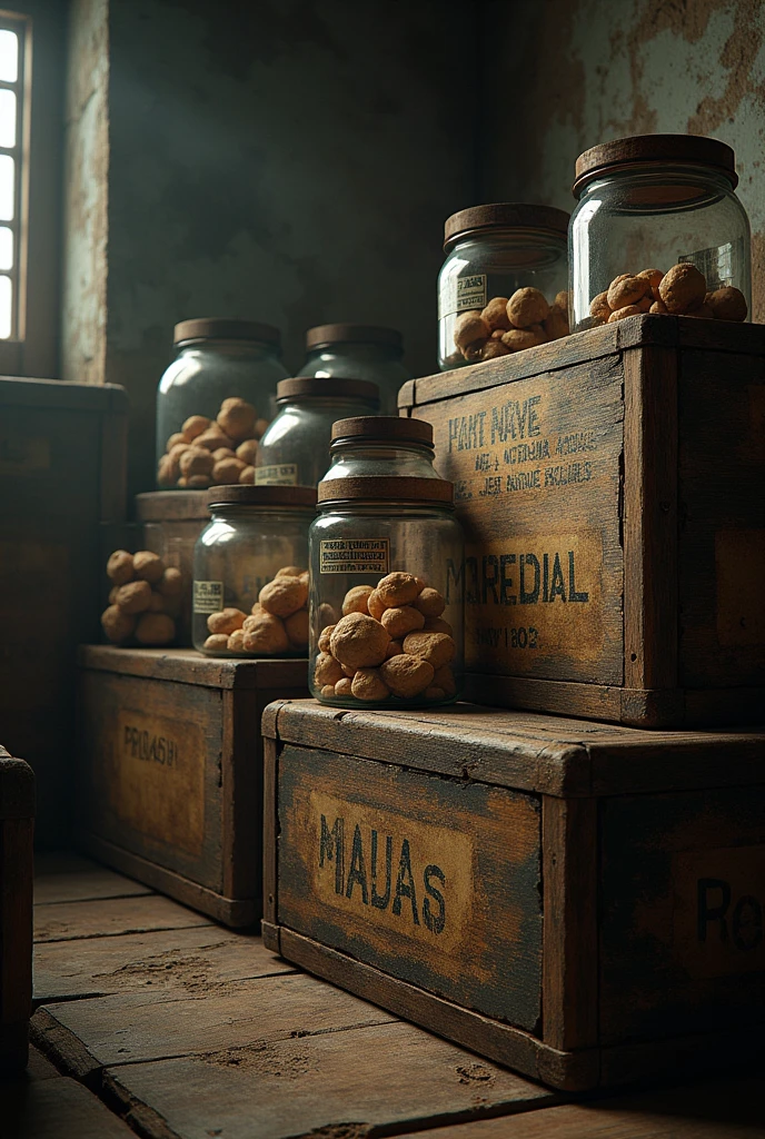 Old and worn-out wooden crates with labels from various countries, inside are glass jars with brain fragments, a sense of mystery and secrecy, dramatic lighting, historical and eerie setting, ultrarealistic.