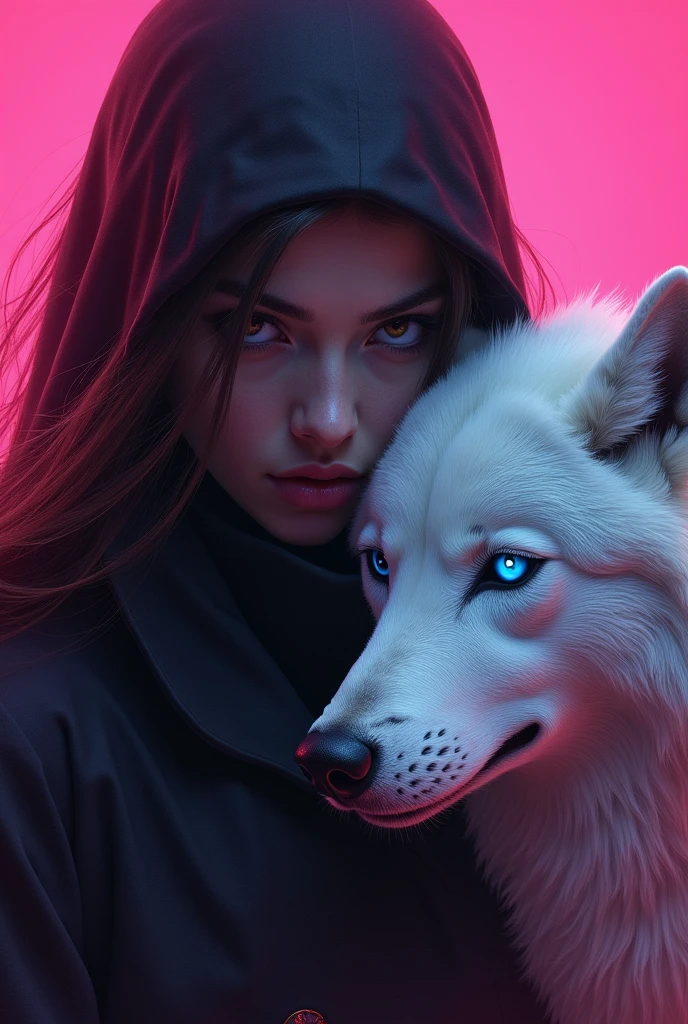 Only part of the face for the guild with a white wolf and intimidating blue eyes and a pink background