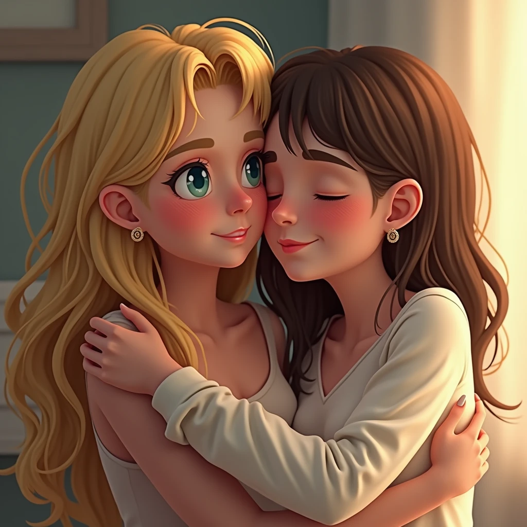 Blonde Long Hair, Blush, Blue eyes, Earrings, Makeup, Hugs Her Brown Hair Friend