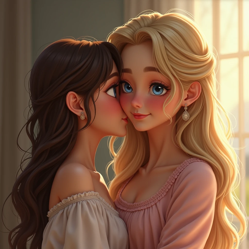 Blonde Long Hair, Blush, Blue eyes, Earrings, Makeup, Hugs Her Brown Hair Friend