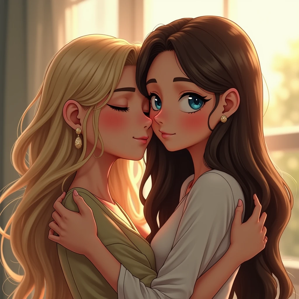 Blonde Long Hair, Blush, Blue eyes, Earrings, Makeup, Hugs Her Brown Hair Friend