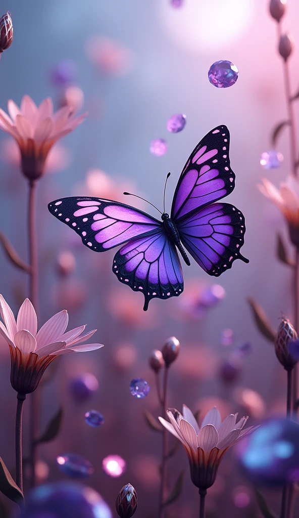 The background is pinkish blue, moonlight, All expressed by gems, the arrival of spring, various beautiful flowers, Beautiful purple swallowtail butterfly, angles looking from below, various gems falling from the sky, beautiful and beautiful magnificent view, slightly foggy, fantastic , high definition, 8K, (best quality, high definition, realistic: 1.37), shiny metallic flowers, intricate and delicate petals, reflective surfaces, vivid colors, intricate details, close-up view, surreal garden, surreal beauty, dreamlike atmosphere, fine art, abstract plants , metal sculptures, contrasting textures, ethereal glow

