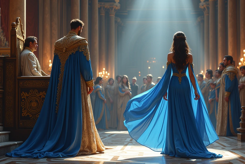 Woman in beautiful blue dress with cape is walking through the room to the throne in a beautiful castle. the king is standing in front of the throne at the altar wearing a beautiful blue outfit