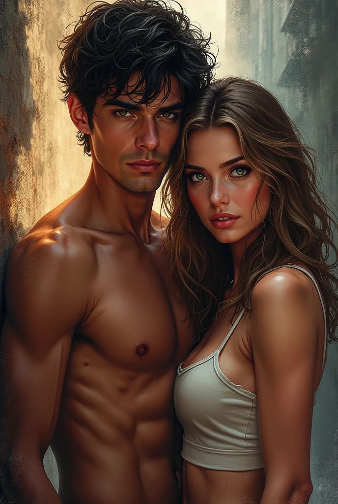 Realistic action and youth romance book cover with title "The New King of the Streets". writer: LiFear. Two characters must be on the cover:

Man - **kor:**  - **Appearance:** Dark-brown hair, smooth and cut in a disorderly manner, deep brown eyes, brown skin, thin, undefined body without a shirt.

Woman - **kor:** 
- **Appearance:** Light brown wavy hair, greeneyes, skin fair, average height and athletic body.