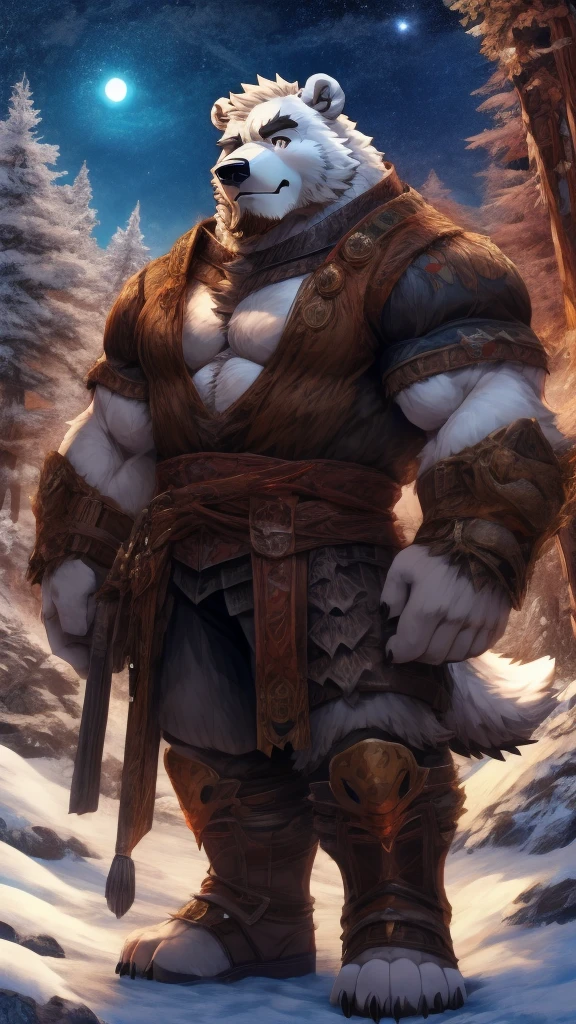 anime style, aid210, nj5furry, ((whole body)), ((barbarian)), standing, kick, ((plump middle-aged polar bear man)), BREAK ((brown eyes)), one eye closed, beautiful beard, beautiful ears, (male face:1.3), (big face:0.5), square jawline, (Male Eyes:1.2), (sharp eyes:0.8), (big eyes:0.5), male eyebrows, (innocent look:0.5), (beautiful black nails down to the last detail:1.2), BREAK (complete Anatomy), (detailed face:1.3), beautiful face, (detailed body), (beautiful hands:1.2), (detailed fingers:1.2), (detailed eyes:1.1), (beautiful Eyes:1.1), arm details, Leg Details, beautiful feet, BREAK Muscular anthlo, body hair, ((hairy skin)), fluffy, (blood vessel:-0.8), (glowing Skin:-0.7), (chest hair:0.5), (1 tail), (a beautiful and detailed small tail), BREAK night sky, snow mountain, outdoor, ultra detailed, highest quality, ultra-high resolution, realistic, 16K, masterpiece, beautiful detailed, perfect solution, absurdists, (faint light),