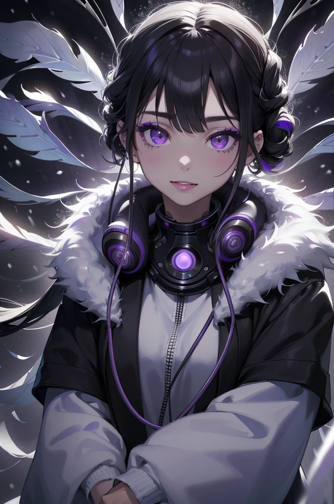 masterpiece, best quality, 1girl pointing to her (earphones:1.7) with cables, smile, black and white swirling vortexes cloudy and smoke and white wall background, (snowing) (( swirling vortexes black hair)), ((long Hair)), ((right side)), emotional face, close up, studio light, studio, (((makeup portrait, purple eye shadow))), ((with many black and white swirling vortexes, snow and feather on face)), (IEM internal ear-monitor:1.4) advertisement