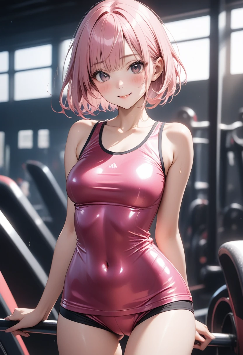 ((School gym clothes)), ((Shiny Costumes)), (skindentation), skinny, alone, solo, Masterpiece, highest quality, highest quality, 16K, incredibly absurd, highly detailed, 2.5D, ai-generated, delicate and dynamic, very delicate facial expressions, delicate eye depiction, erotic, only sexy woman, ((A cute and kind face)), healthy figure, ((1 woman)), 160cm tall, ((medium firm swaying bust)), medium breasts, (short hair), Straight Hair, (pink hair:1.5), bob cut, black eye, blush, Sweat,Embarrassed,sexy, ((thin thighs)), shiny and lustrous, facing straight at viewer, smile, ((standing)), ((arm at side)),