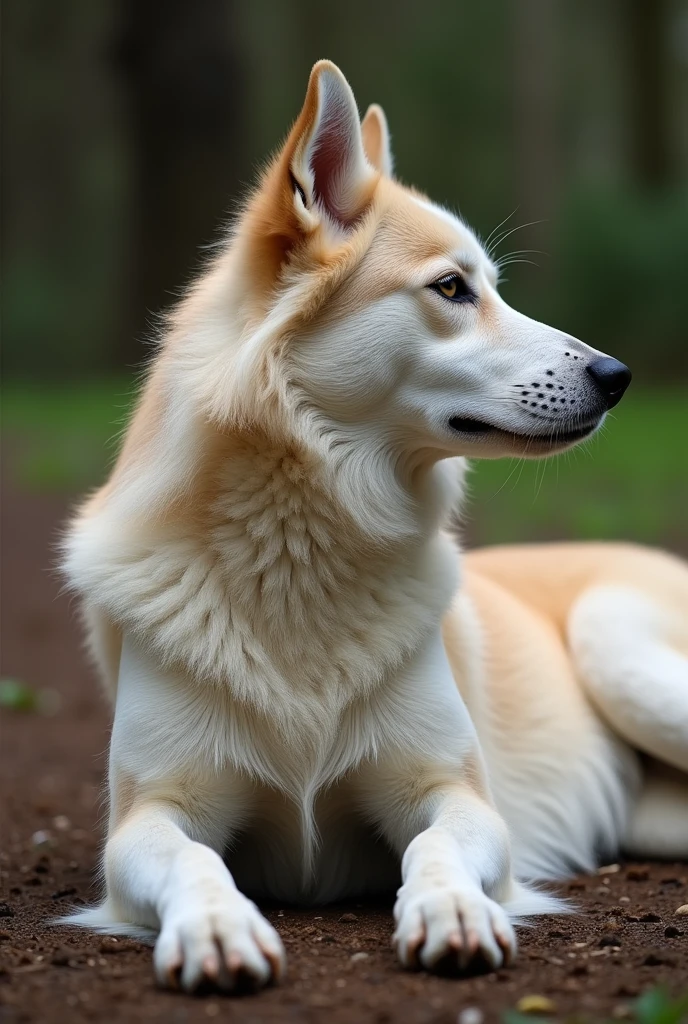 male feral dog, husky, geay and white fur, laying sprawled out on the ground, with a throbbing erect cock porn