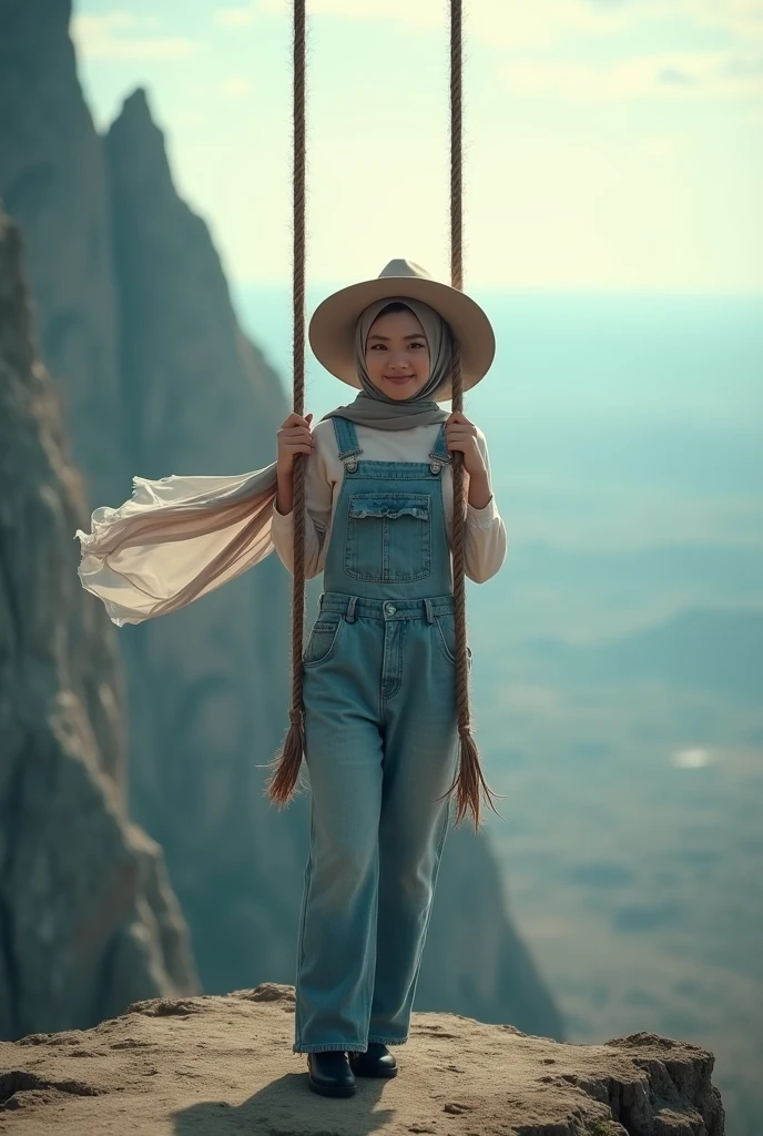 A asian woman with long hijab flowing wearing long overall jeans calm, wearing large hat, playing on a swing on the edge of a scary cliff, face Smilling looking at the camera