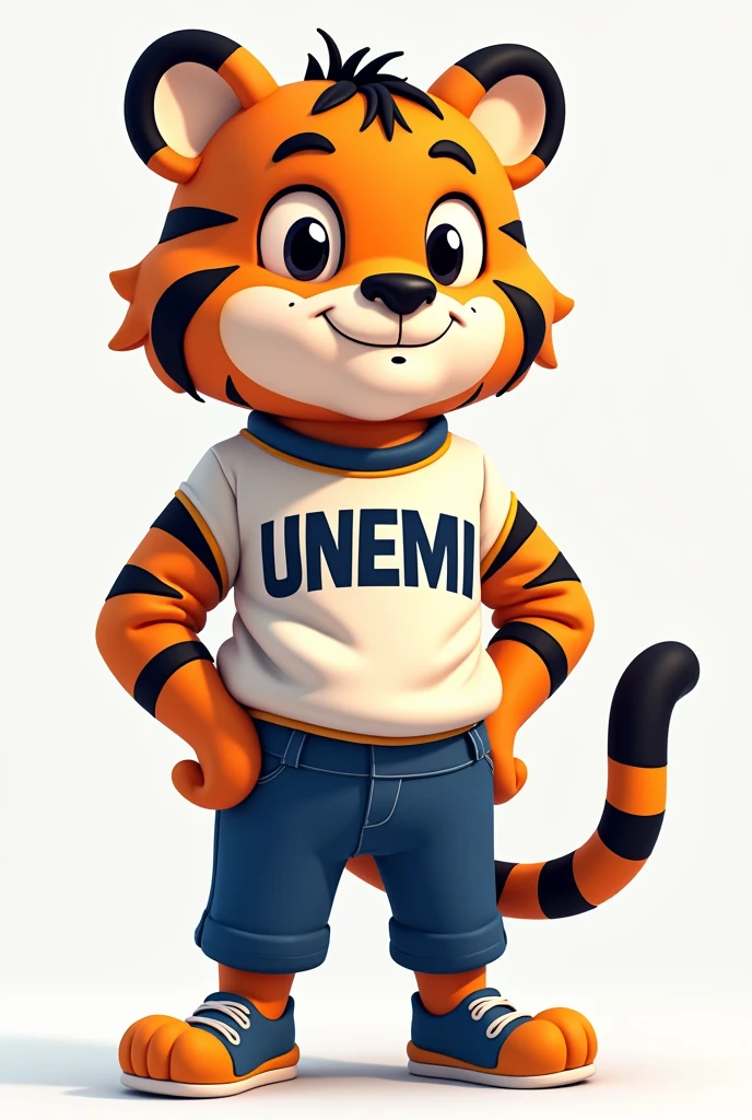Give me an image of a cute-looking but tall tiger in orange and black for a university mascot and that it wears blue pants, a white sweater that says UNEMI and shoes of the same color tone.