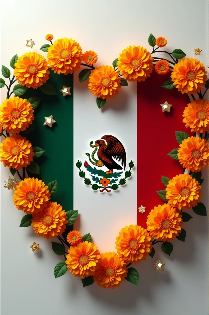 A Mexican flag with September written on it, realistic that has marigold flowers on top adorning it and around it a glass heart and glass stars.