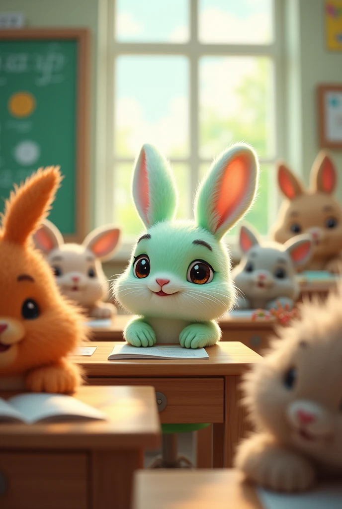 LIGHT-GREEN BUNNY WITH HIS CLASSMATES IN A CLASSROOM