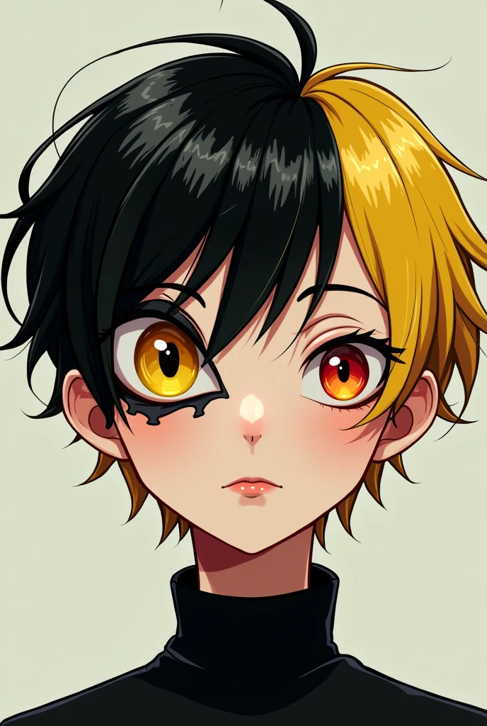 Create a  teenager with black and yellow locks,with the sclera of the right eye yellow and the pupil red,with the left eye with the black pupil and shaped like a cartoon cat style