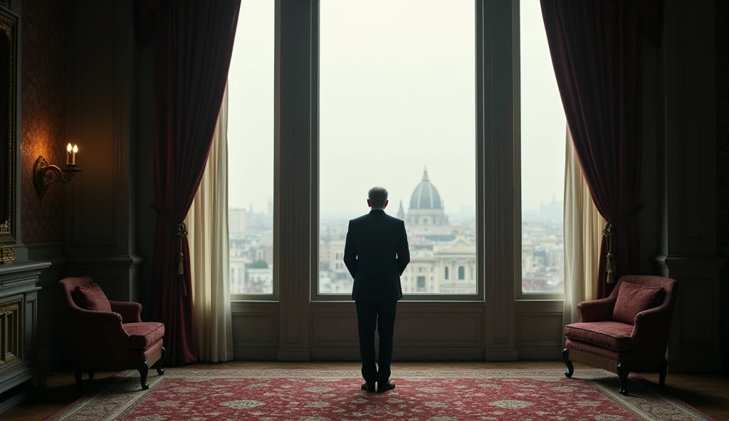 A somber old photograph of the Shah of Iran in his final moments before leaving the country. The Shah, dressed in an immaculate suit, stands alone by a large window in the palace, looking out over the city. His face reflects sorrow and contemplation. The luxurious room contrasts with the cold, empty atmosphere, and the photograph’s grainy quality adds to the sense of isolation and the historic nature of the moment.