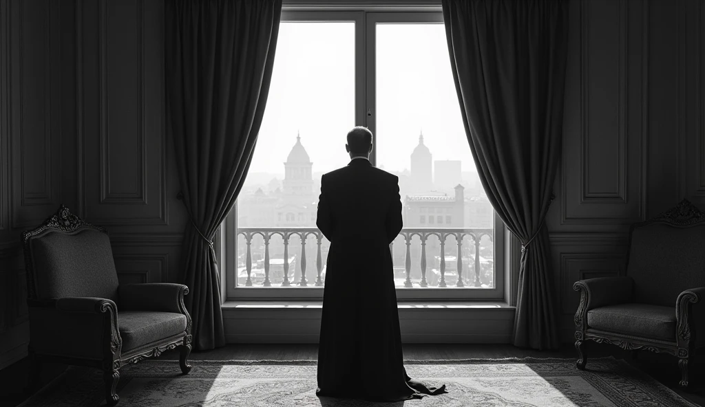 A somber old photograph of the Shah of Iran in his final moments before leaving the country. The Shah, dressed in an immaculate suit, stands alone by a large window in the palace, looking out over the city. His face reflects sorrow and contemplation. The luxurious room contrasts with the cold, empty atmosphere, and the photograph’s grainy quality adds to the sense of isolation and the historic nature of the moment.
