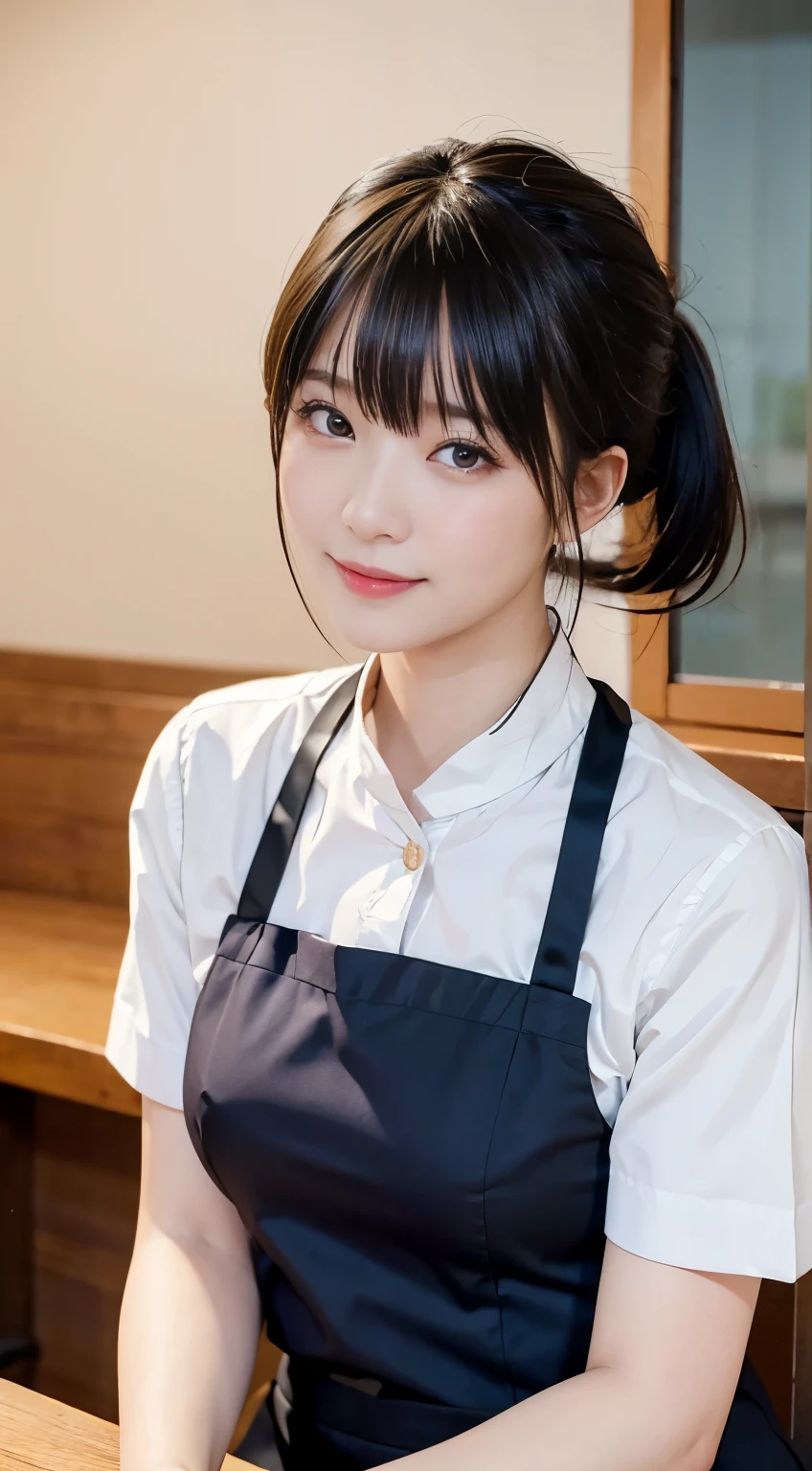 (Highest quality,masterpiece:1.3,Ultra-high resolution,),(Very detailedな,Caustics),(Photorealistic:1.4,RAW shooting,)Ultra-Realistic Capture,Very detailed,High resolution 16K human skin closeup。 Natural skin texture、,Pores、、、、It must be detailed enough to be easily identifiable。 Skin tone is even and healthy looking。 Use natural light and colour,restaurant,Waitress Uniform,1 girl,Japanese,1,cute,Black-haired,ponytail,Big Breasts,smile,Turn your body forward,(Front view:1.1),Looking at the camera,Cowboy Shot,