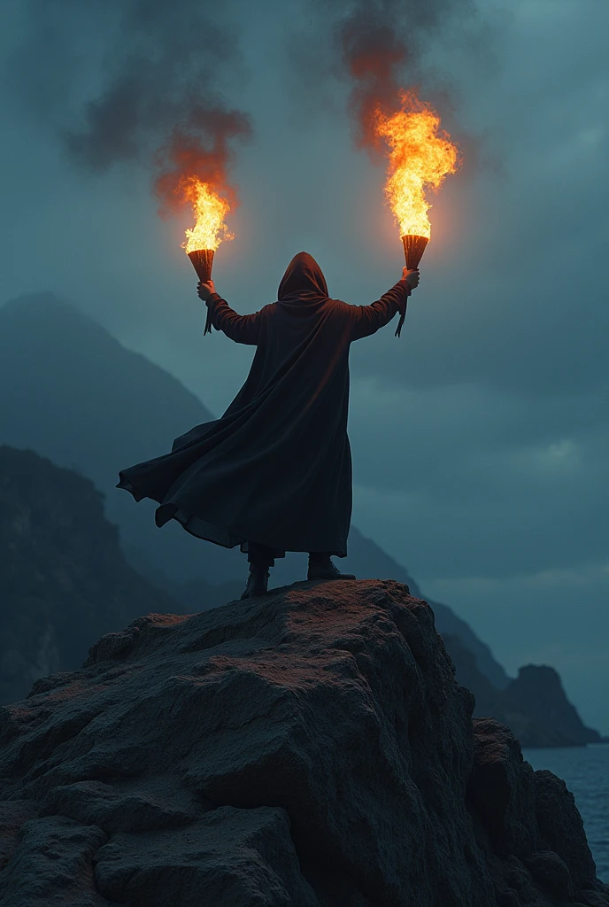 see images of a hooded man holding fire torches on top of the mountain on the island of São Lourenço in Portugal.