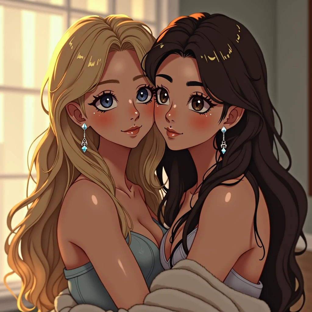 Blonde Long Hair, Blush, Blue eyes, Earrings, Makeup, Hugs Her Brown Hair Friend