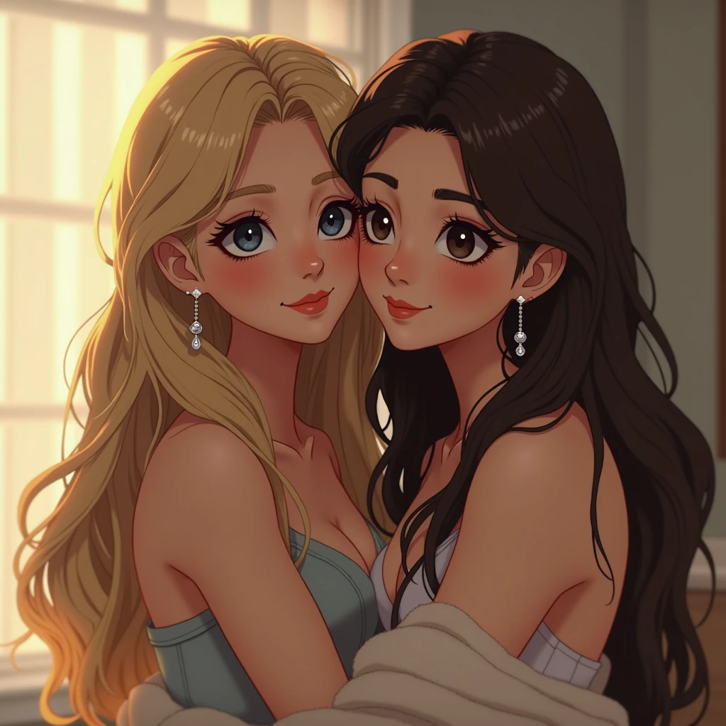 Blonde Long Hair, Blush, Blue eyes, Earrings, Makeup, Hugs Her Brown Hair Friend