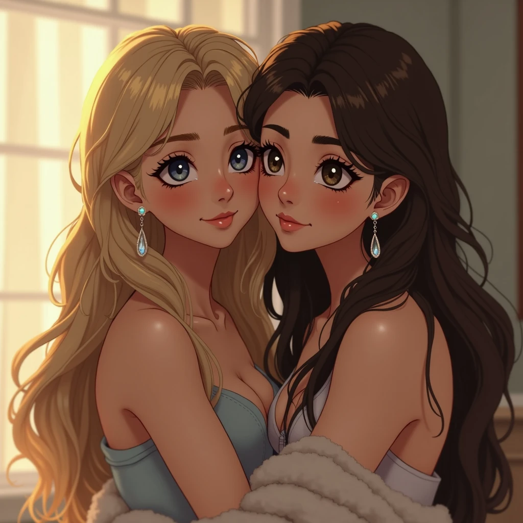 Blonde Long Hair, Blush, Blue eyes, Earrings, Makeup, Hugs Her Brown Hair Friend