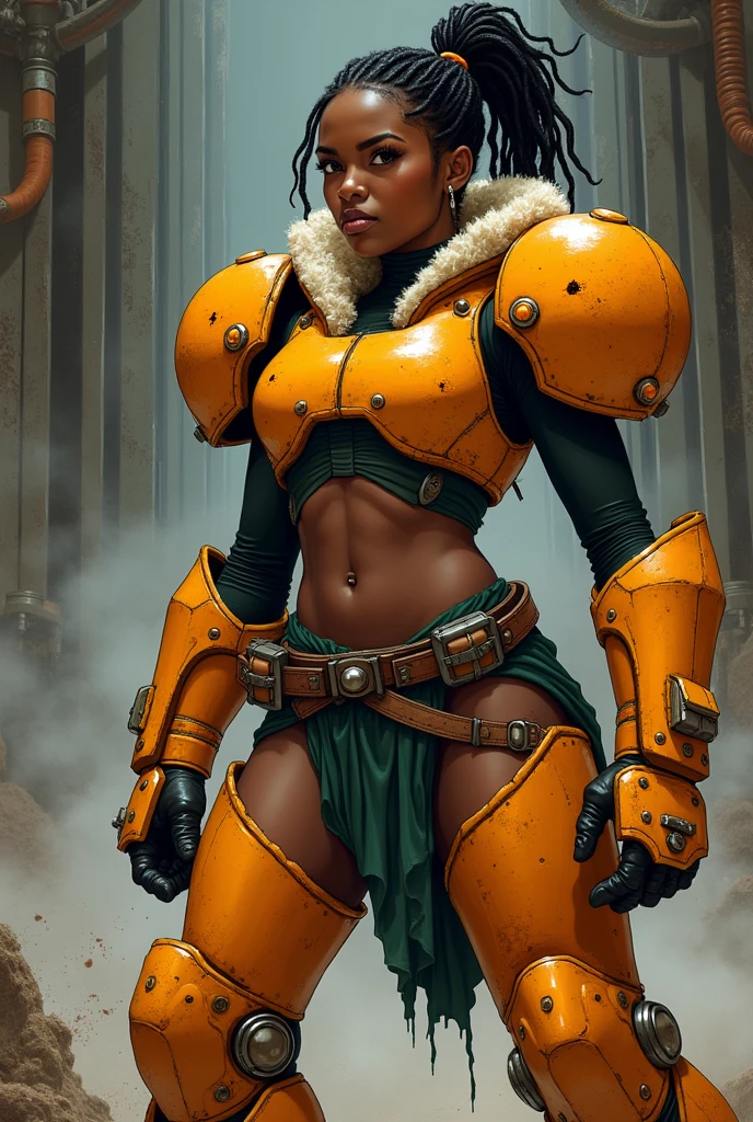 in an richly detailed dramatic-comic-book style create an illustration of an affrican woman in orange power armor covering her arms, shoulders and upper chest. The armor is a bold orange and very heavy looking, with bulky blocky features especialy over the chest, the shoulder pads of the armor or large and round. Under the armor is a dark green suit that covers her arms. the collar of the armor is high and fringed with fur. The gauntlets are bulky and robotic, and fringed with fur around the tops. Her midriff is bare and exposes her fit stomach. Around her waist is an old thick leather belt, covering her lower body is a ragged dark green loin cloth that leaves her hips and legs bare. Her upper legs are bare while on her lower legs she wears heavy orange armored boots, topped with fur. Her short black hair is in dreadlocks which are pulled back in a pony tail. The background is the exit of a spaceship, the mechanical pistons that open the door are behind her, a cloud of stream is released, hoses hang down from above, the environment is dirty and greasy.