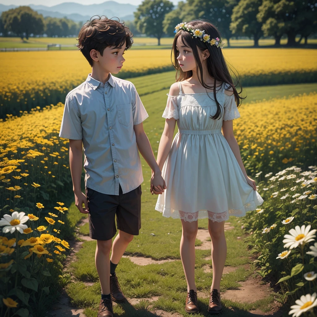 field, a boy and a girl are standing, holding hands, there is a flower in the girl's hand