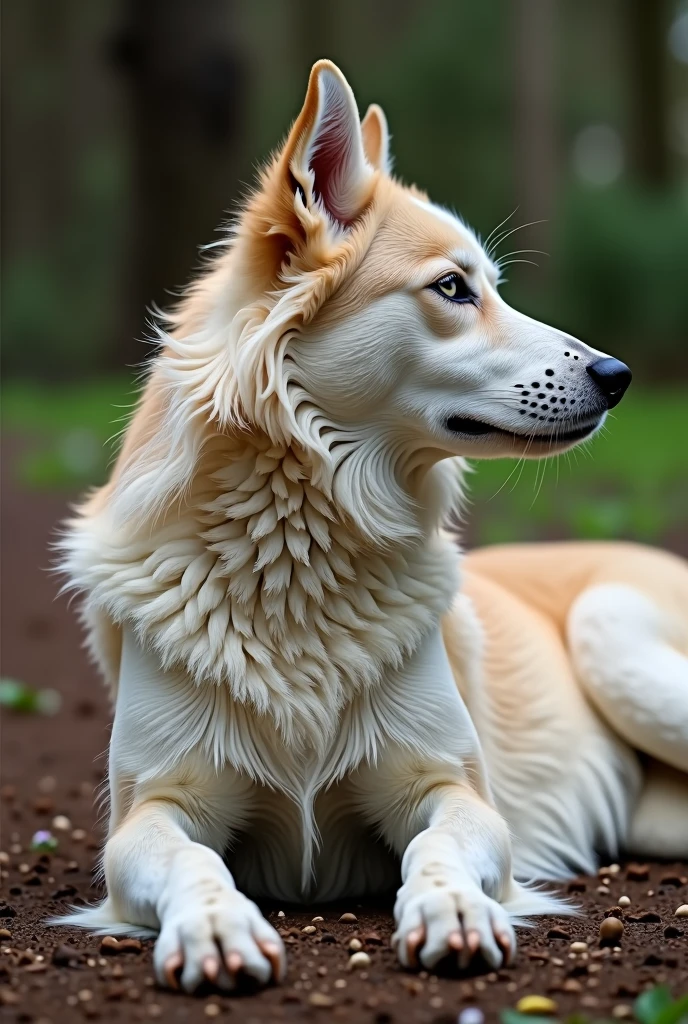 male feral dog, husky, geay and white fur, laying sprawled out on the ground, with a throbbing erect cock porn
