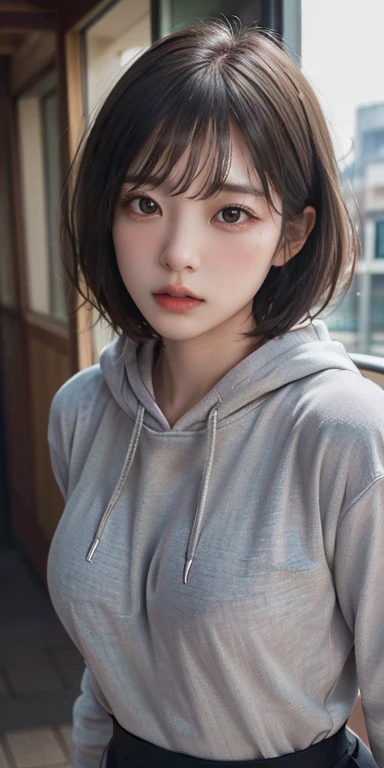 (masterpiece:1.5), (8k, Realistic, RAW Photos, Best image quality: 1.4), Japanese Idols、Highly detailed face、Attention to detail、Genuine、 double eyelid、Big and attractive eyes, Sharp focus:1.2、Beautiful woman:1.5、Light brown hair、 Highest quality、masterpiece、Ultra-high resolution、Perfect Shadow、(Realistic:1.4)、Highly detailed and professional lighting、Downtown Japan、Bobcut、Perfect shape、Symmetrical face、beautiful girl,Sharp focus, Perfect Anatomy,Written boundary depth、 View your audience、Light grey oversized hoodie、Black Mini Skirt、Detailed fingers、Correct finger、Correct limbs、Correct limbs、Watery eyes、Glossy Lips、Erotic look, nipple slip, nsfw