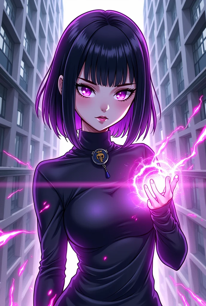 comic panel boku no hero woman white skin short straight black hair with purple highlights, dark purple eyes psychic power purple heroine in school