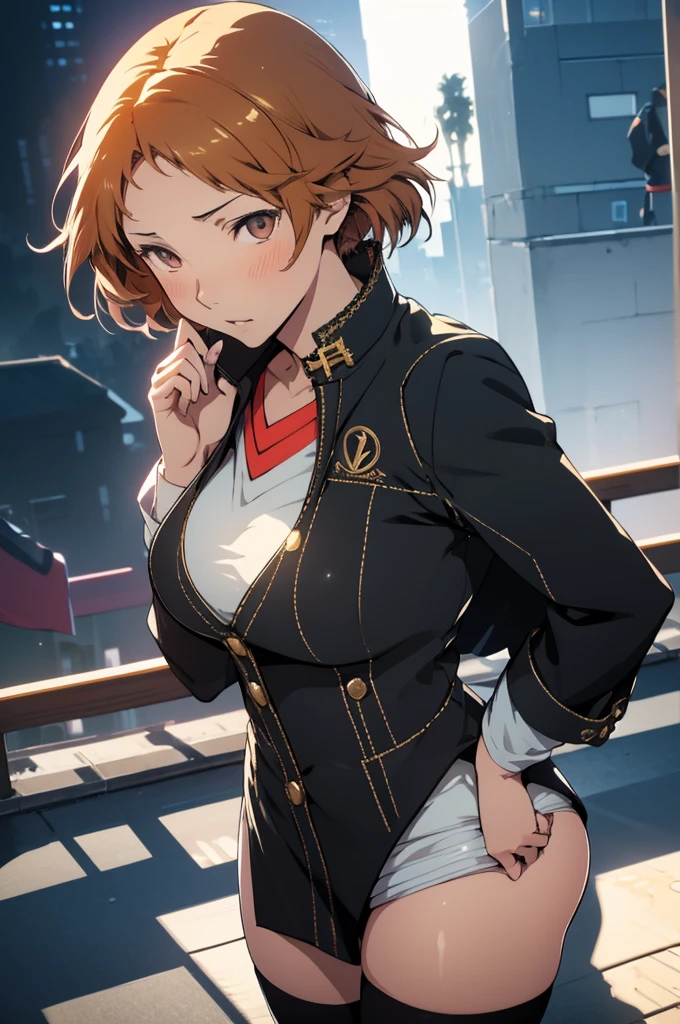 (Best quality, Ultra detailed, Golden ratio, Masterpiece:1.2), Theatrical lighting:0.7(ray tracing), 1 girl, Yosuke Hanamura from Persona 4, turned into a woman, posing, athletic body, small thighs, Big breasts,perky breasts, heart-shaped ass, tight pussy(shiny skin)(detailed skin) (perfect hands), posing, mature, sexual, attractive, lewd, orgasmic, blushing, very feminine, wearing a School uniform, thigh highs(perfect eyes), on a rooftop at night