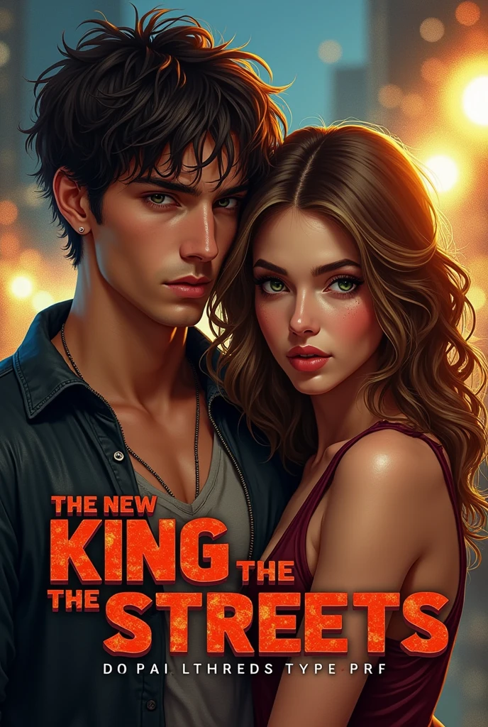 Realistic action and youth romance book cover with title "The New King of the Streets". writer: LiFear. Two characters must be on the cover:
Man - **kor:** - **Appearance:** Dark-brown hair, smooth and cut in a disorderly manner, deep brown eyes, brown skin, thin, undefined body without a shirt.
Woman - **kor:**
- **Appearance:** Light brown wavy hair, greeneyes, skin fair, average height and athletic body.
