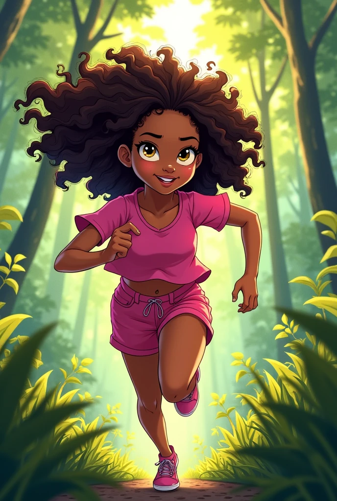 A young teenage girl with tanned skin, yellow eyes and dark brown curly messy frizzy hair running fast in a forest, she is wearing a short pink blouse and pink shorts, I want vibrant and very eye-catching colors, comic book style.