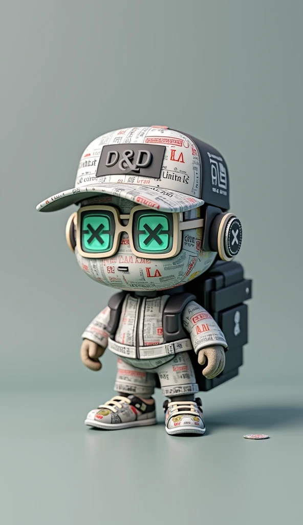 A unique toy character with a pixel art style. The character wears a hat with the text D&D displayed prominently on the front panel, in a stylish font. The character also has glasses, with one lens showing 'Xand the other X ensuring the text is legible. The character is dressed in modern streetwear, detailed with newspaper and magazine elements instead of regular patterns, and vibrant colors. The background is colorful, making the character look stylish and futuristic. The image should have a high-quality, C4D-style render of the character&#39;s side profile, 