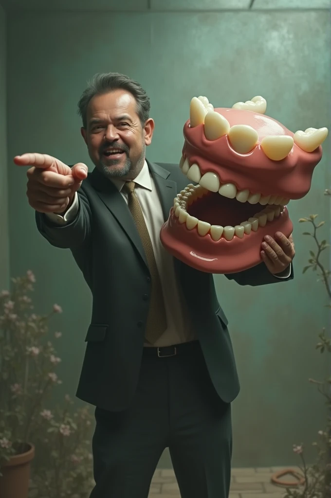 Man holding pointing a large denture 
