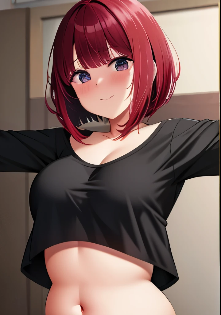 fat, obese, overweight, fat stomach, kana arima, fat belly, short hair, red hair, out of breath, bare belly