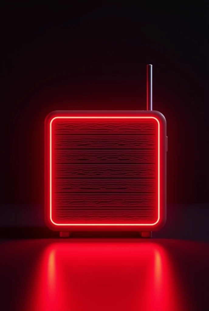 Create a glowing neon red radio speaker, representing an announcement of news and notices, featuring a sleek and modern design. The radio speaker is centered on a dark, black background with a subtle gradient., giving the image