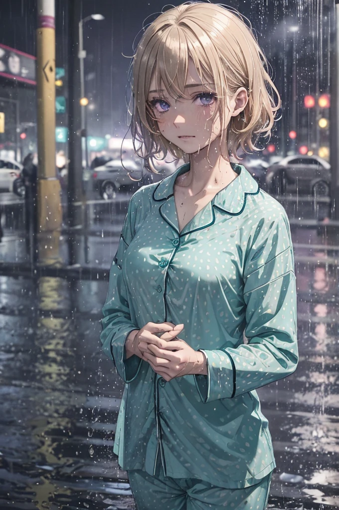 ((Teal coloured buttoned up pyjama shirt)), 1girl, raining heavily, (patterned pyjamas), outside, short caramel-blonde hair sticking to her face, depressed purple eyes, teal coloured pyjama shirt, nighttime, very dark, soaking wet, wet through, wet clothes, almost naked, small breasts, outside at nighttime, in the streets, dark background, dark, very dark night, realistic colour, 1 colour shirt, soaking wet pyjamas, wet though, dripping wet, a hint of nipples, purple eyes, alluring depressed eye, cold dark night, flushed cheeks, braless, bare legs, bottomless,