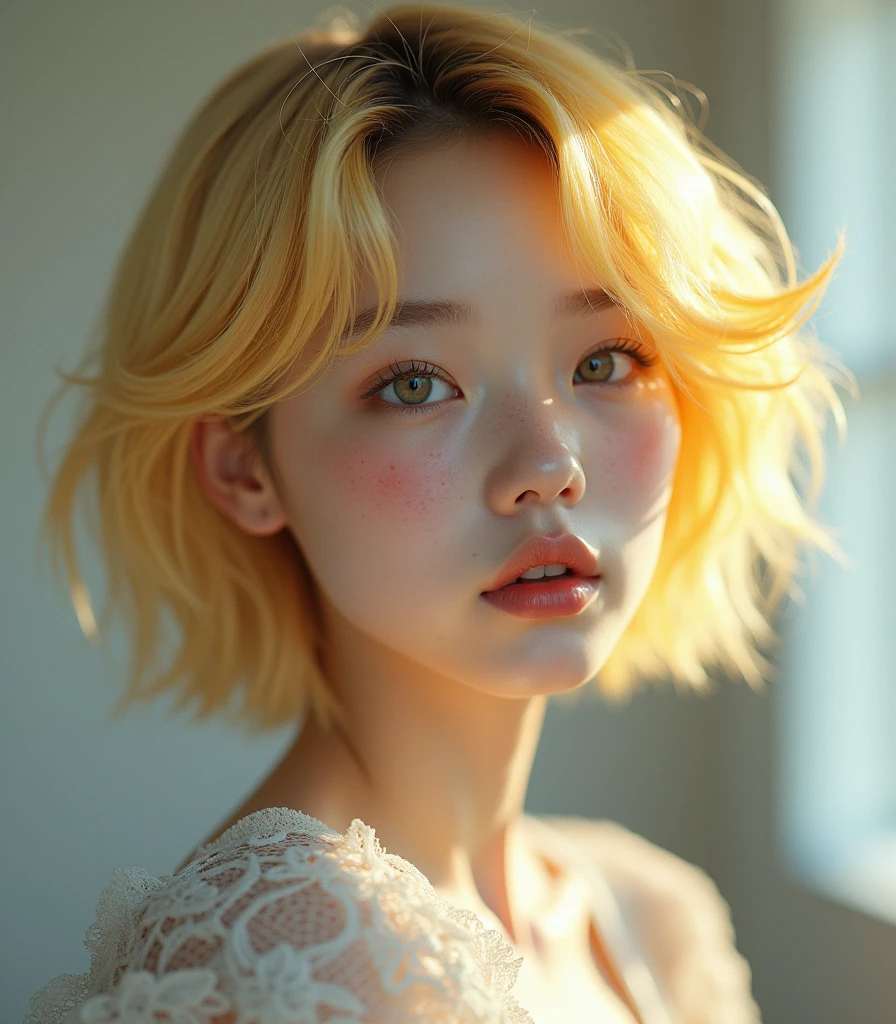 blond girl with freackes have korean wolf haircut, short hair, 8k, highly detailed, high quality, masterpiece, ultra detailed, vivid colors, HDR, studio lighting, physically-based rendering,Open Mouth,