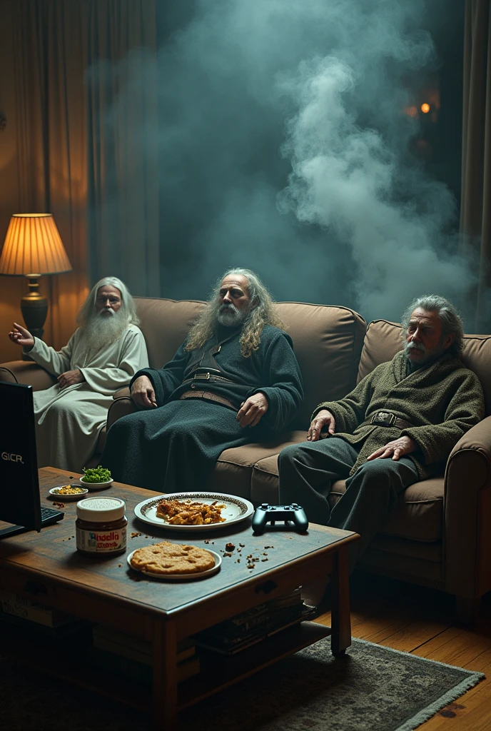 une photo des personnages du seigneur des anneaux Gandalf Sauron peregrin gimli ensemble dans un salon entrain de dormir allongés chacun sur un canapé les yeux fermés. Pas loin d’eux Sur une table un cendrier avec une cigarette allumer et la pièce remplie de fumée sur la table des restes de crêpes et un pot de Nutella avec des manettes de Nintendo switch poser sur la table également. Par terre un sac d’une commande Uber. Ces personnages sont devant le film du seigneur des anneaux sur une télévision La nuit
