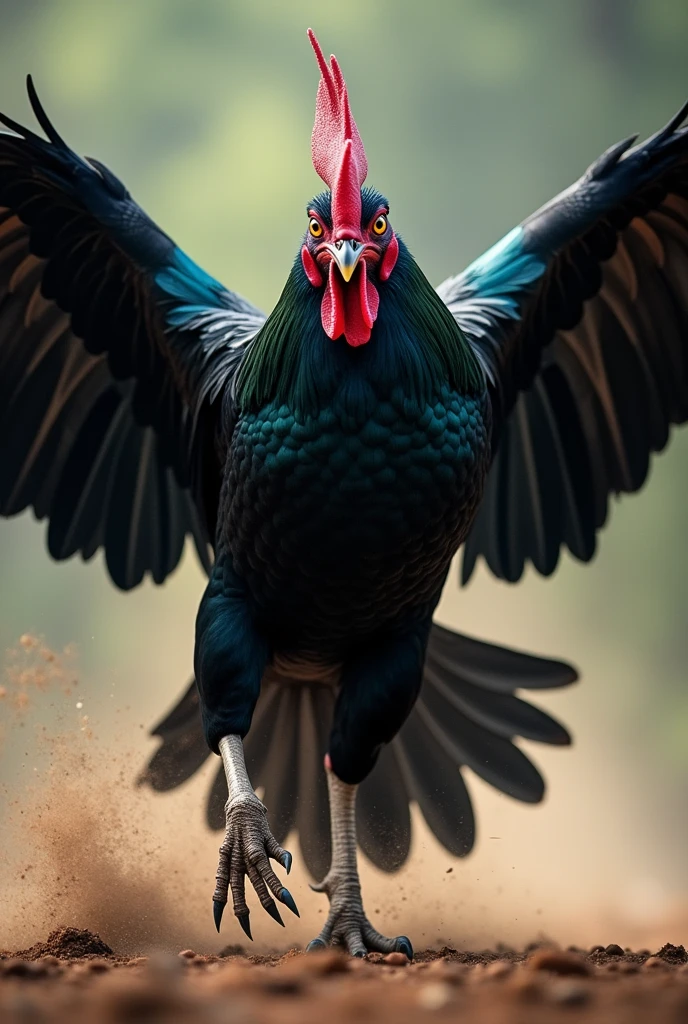 A fighting cock with jet black feathers, intense eyes and sharp beak, launches into a forward flight in a ferocious attack. His muscles are tense and his wings are spread out., creating a sense of movement and power. Where you can appreciate from the perspective and appreciate its flight, in an image that shows the entire body of the animal up to the tips of the wings, You could show that same image but as if it had been recorded from a camera on the ground and change the face of the rooster, A little more frontal attack, I don't like the other one