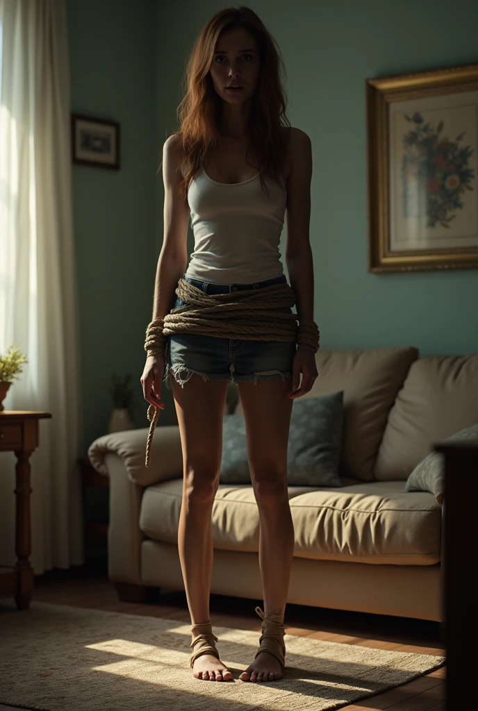 Woman stands in the living room with her hands and feet tied