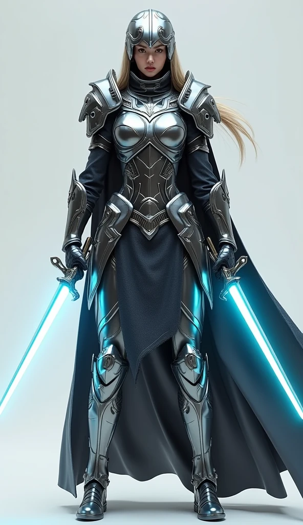 Generate a 4K, ultra-realistic image of a powerful female warrior from Nova Aeterna, fully visible, standing from head to toe. She wears a hybrid armor combining medieval and futuristic elements, with a chestplate made of reflective metal and a long, flowing cape with digital patterns. Her helmet is open-faced, revealing a determined expression, and she holds dual energy swords with glowing edges. The background is light gray, highlighting the sharp contrasts of her armor and the dynamic energy of her weapons.