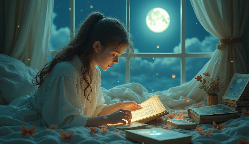 A dreamy scene of a Pisces character looking through old photographs or mementos under the soft glow of the moonlight. The background should be filled with nostalgic, ethereal elements, such as soft clouds and stars, evoking a sense of reflection and past influences. --ar 16:9