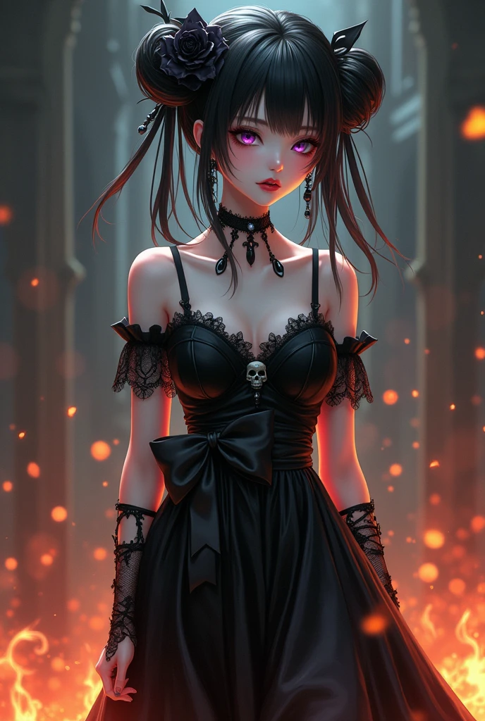 Appearance: pale skin, DARK purple eyes, Black hair tied in a voluminous bun with black and white ribbons around it, Her body is slim and her waist is flexible., Wears a lot of gothic makeup on her face, Your lips are big and red.
Clothes: Wears a long black velvet dress with lace details made of synthetic leather with gothic details, Your dress is a little burnt, Wears black platform boots with red details, A long black flower lace stocking, Her dress has a big hole in the chest for style., Wear long sleeves and disconnect with the dress.
Accessories: She wears a dead black flower in her hair, Black veil hiding her face, Wears metal bracelets and skull earrings, Wears a torn lace glove, A huge black bow at the waist.
Her dress is on fire, ANIME WOMAN.
