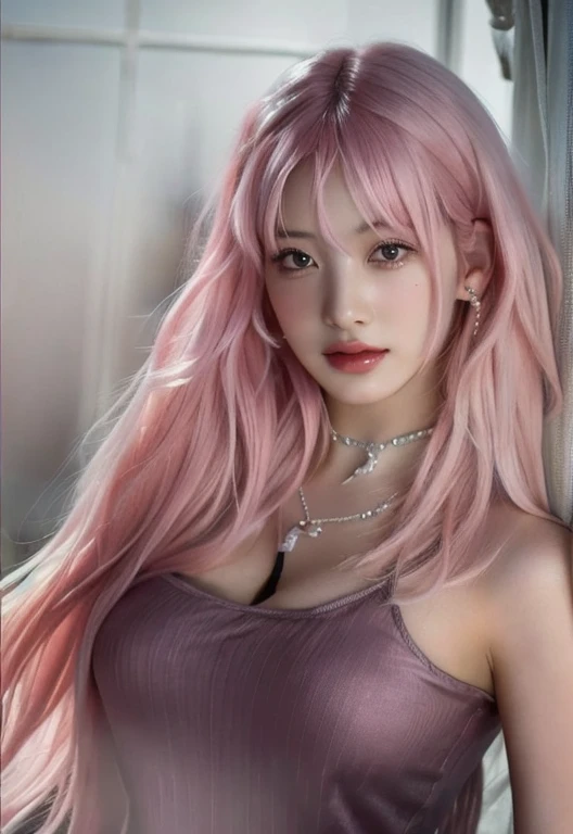 A close-up of a woman with pink hair and a necklace, inspired by Yanjun Cheng, ig model | artegerm, guweiz style artwork, sakimichan frank franzzeta, Style Ross Tran, ross tran 8k, Kawaii realistic portrait, Pastel pink skin tone, flowing pink hair, 8k artegerm bokeh, big chest, heavy breasts